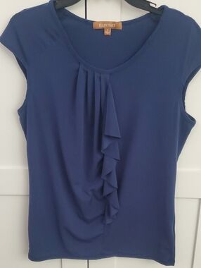 Ellen Tracy Navy Blue Ruffle Front Cap Sleeve Top